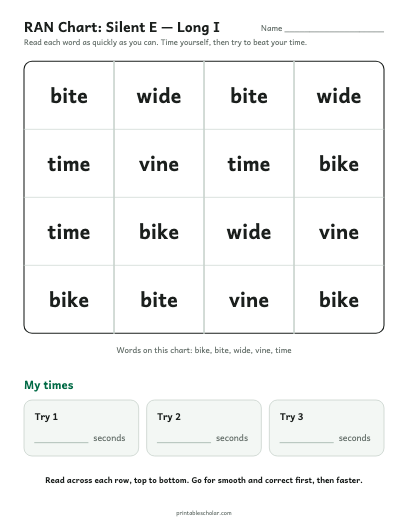 Silent E — Long I ran chart printable preview