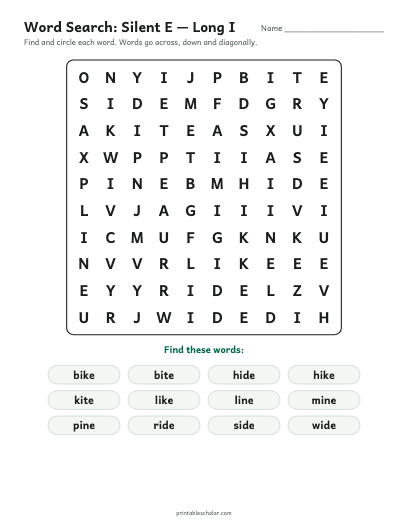 Silent E — Long I word search printable preview