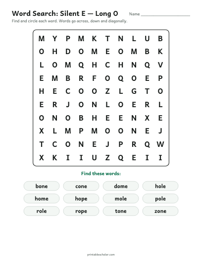 Silent E — Long O word search printable preview