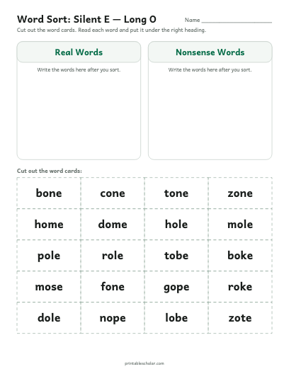 Silent E — Long O word sort printable preview