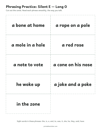 Silent E — Long O phrasing cards printable preview