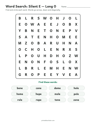 Silent E — Long O word search printable preview