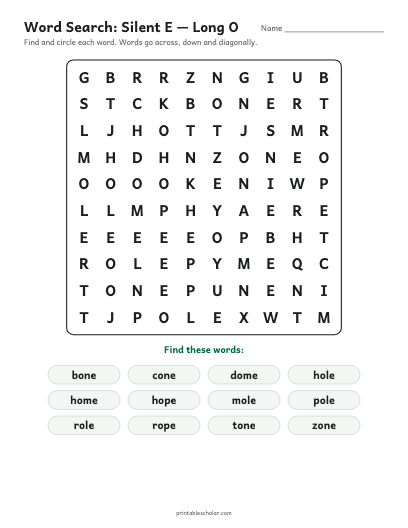 Silent E — Long O word search printable preview
