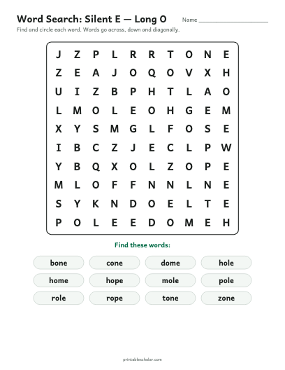 Silent E — Long O word search printable preview