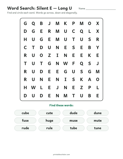 Silent E — Long U word search printable preview