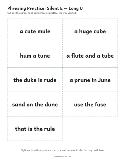 Silent E — Long U phrasing cards printable preview