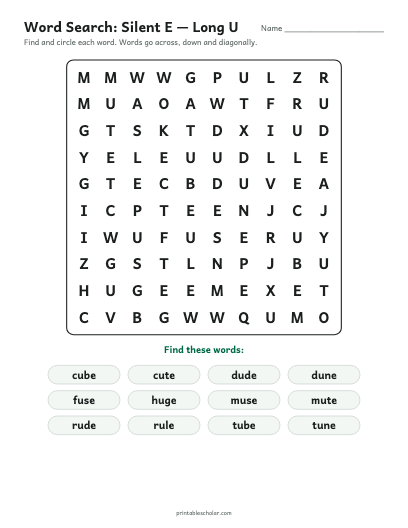 Silent E — Long U word search printable preview
