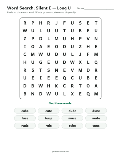 Silent E — Long U word search printable preview