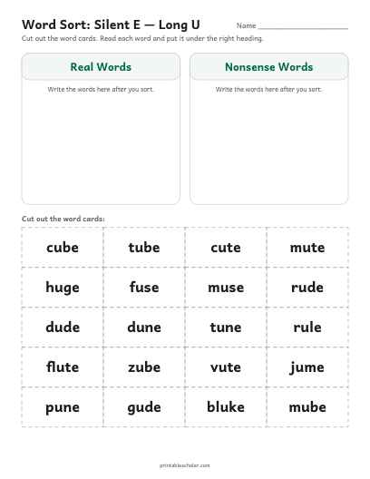 Silent E — Long U word sort printable preview
