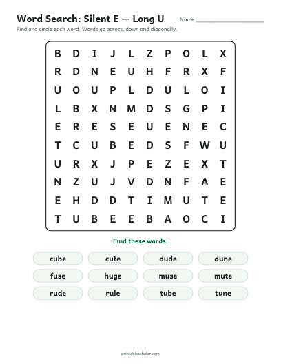 Silent E — Long U word search printable preview