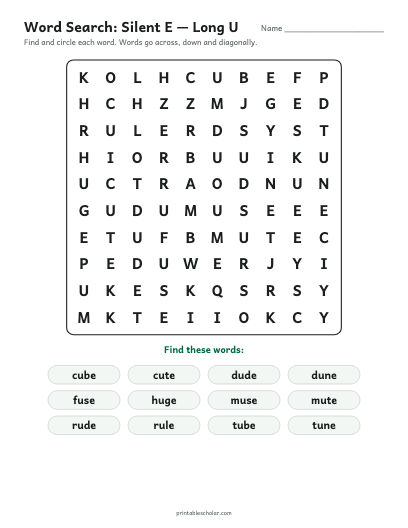 Silent E — Long U word search printable preview