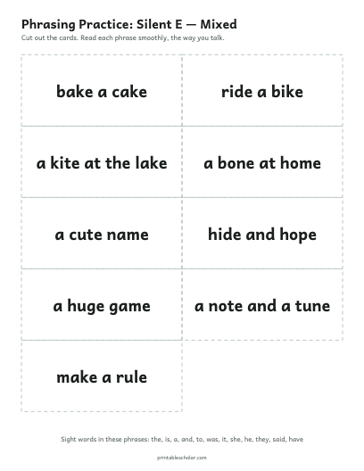 Silent E — Mixed phrasing cards printable preview