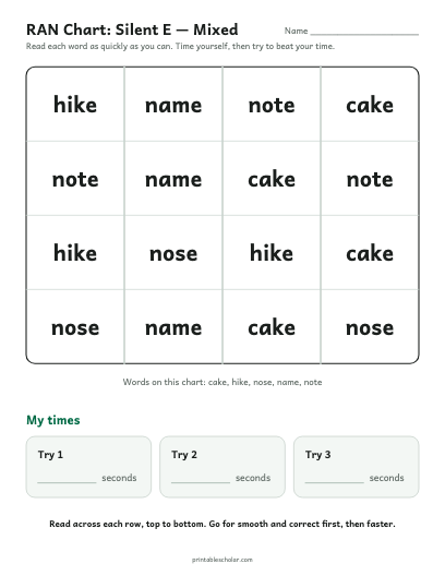 Silent E — Mixed ran chart printable preview