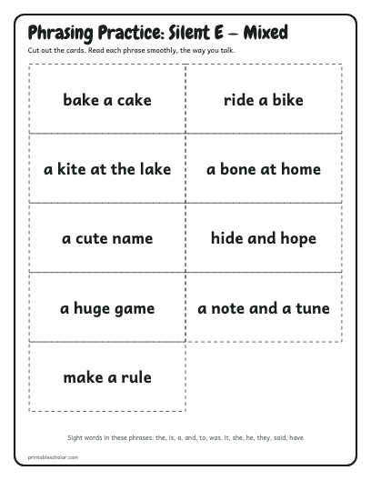 Silent E — Mixed phrasing cards printable preview