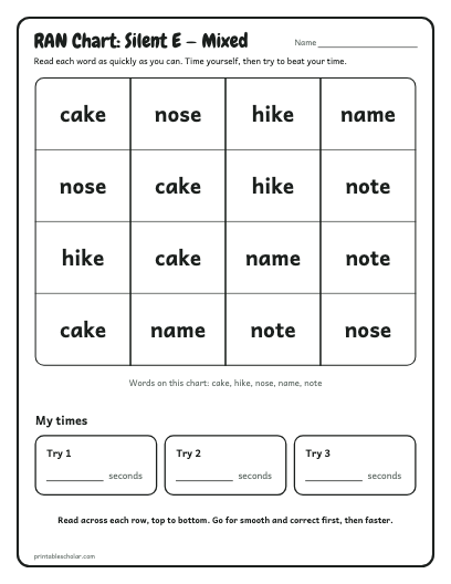 Silent E — Mixed ran chart printable preview