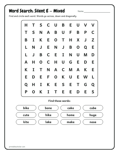 Silent E — Mixed word search printable preview