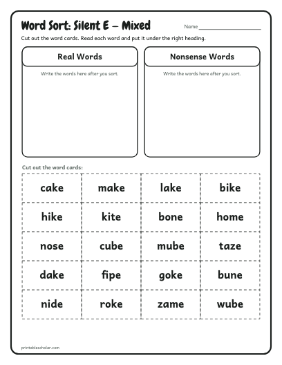 Silent E — Mixed word sort printable preview
