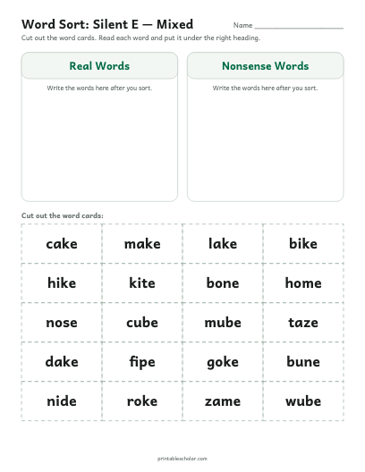 Silent E — Mixed word sort printable preview