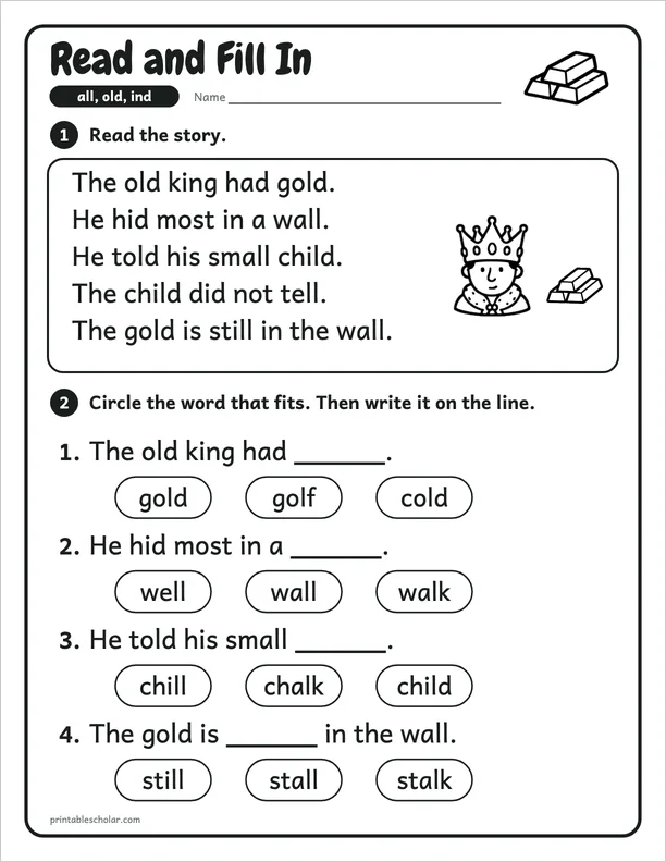 Read and Fill In: a all, old and ind picture worksheet
