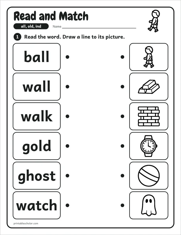Read and Match: a all, old and ind picture worksheet