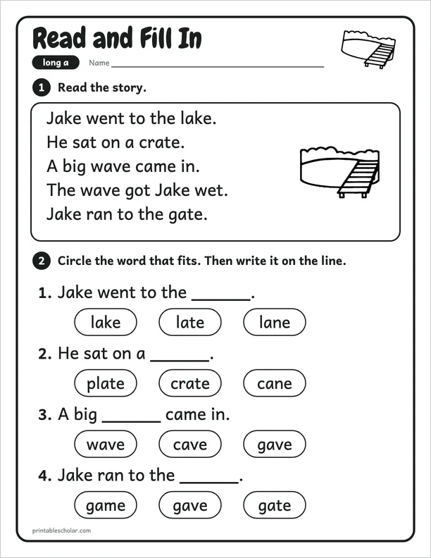 Read and Fill In: a free long a word work worksheet