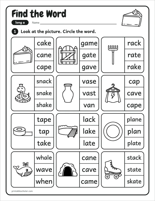Find the Word: a free long a word work worksheet
