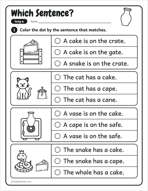 Which Sentence?: a free long a word work worksheet