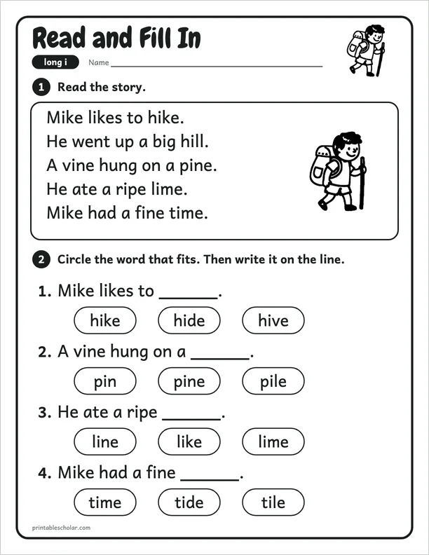Read and Fill In: a silent e long i picture worksheet