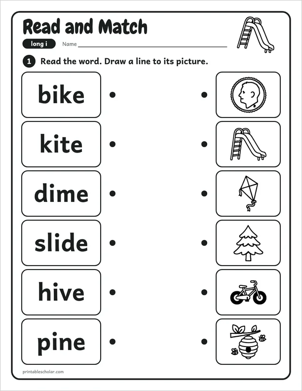 Read and Match: a silent e long i picture worksheet