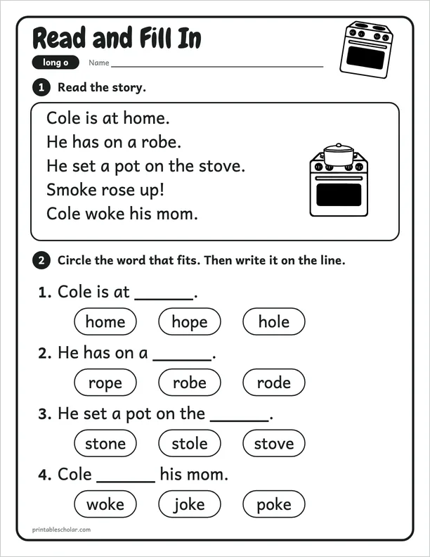 Read and Fill In: a silent e long o picture worksheet