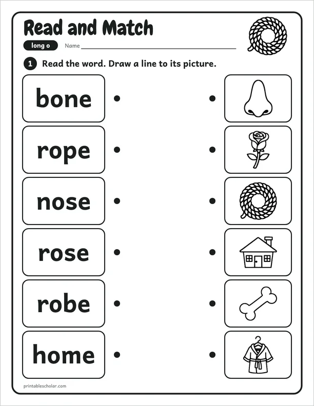 Read and Match: a silent e long o picture worksheet