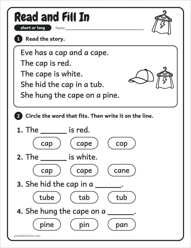 Read and Fill In: a silent e picture worksheet