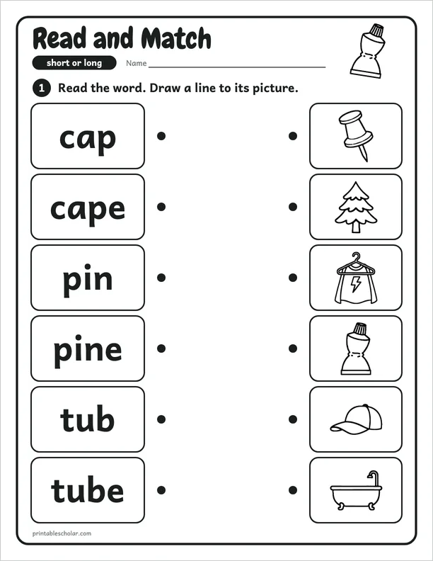 Read and Match: a silent e picture worksheet