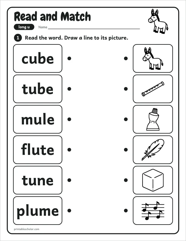 Read and Match: a silent e long u picture worksheet