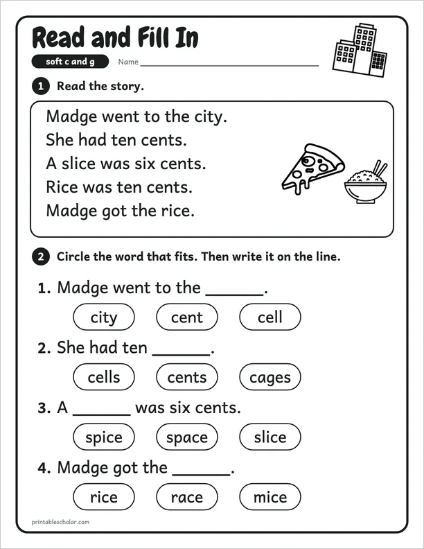 Read and Fill In: a soft c and g picture worksheet