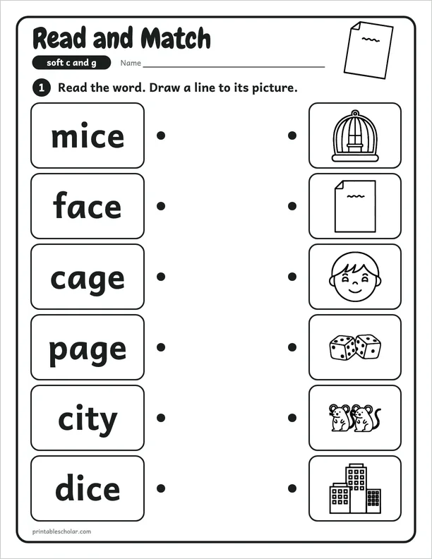 Read and Match: a soft c and g picture worksheet