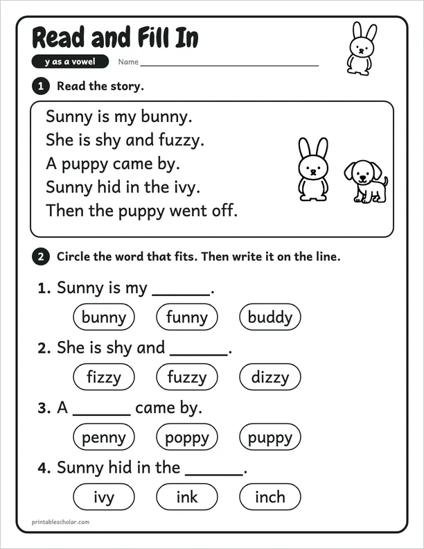 Read and Fill In: a y as a vowel picture worksheet