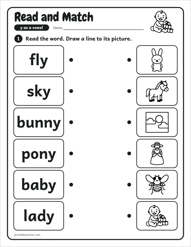 Read and Match: a y as a vowel picture worksheet