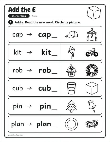 Add the E worksheet from the Level 3 Word Work: Silent E pack