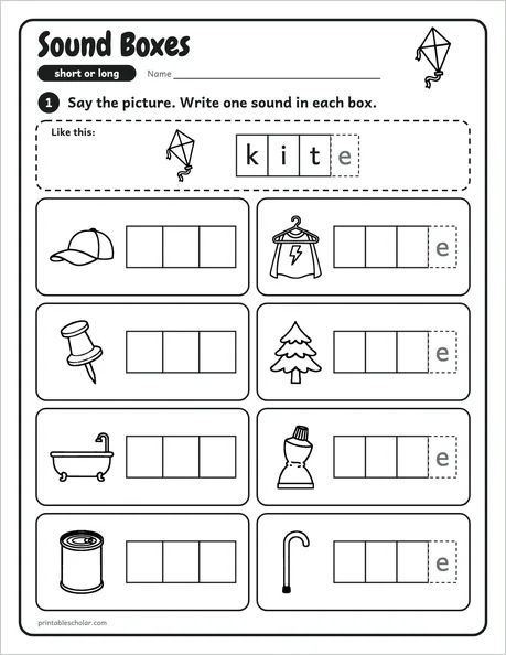Sound Boxes worksheet from the Level 3 Word Work: Silent E pack