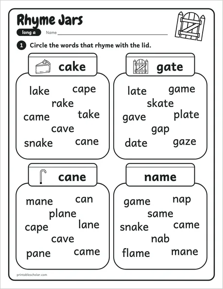 Rhyme Jars worksheet from the Level 3 Word Work: Silent E pack