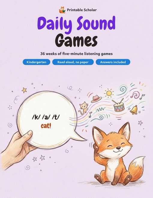 Daily Sound Games pack cover: a fox listening to a speech bubble saying /k/ /a/ /t/, cat