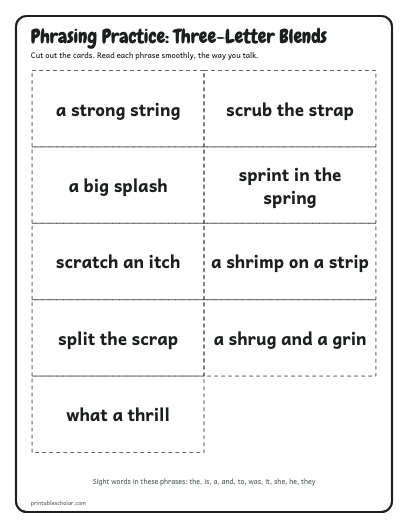 Three-Letter Blends phrasing cards printable preview