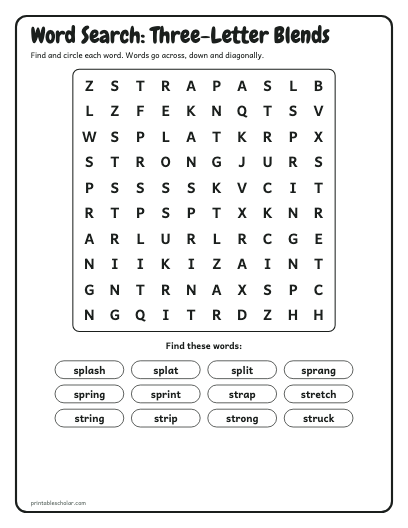 Three-Letter Blends word search printable preview