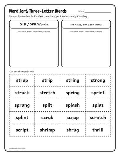 Three-Letter Blends word sort printable preview
