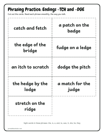 Endings -TCH and -DGE phrasing cards printable preview