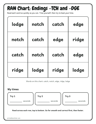 Endings -TCH and -DGE ran chart printable preview