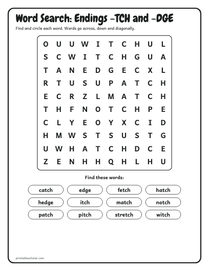 Endings -TCH and -DGE word search printable preview