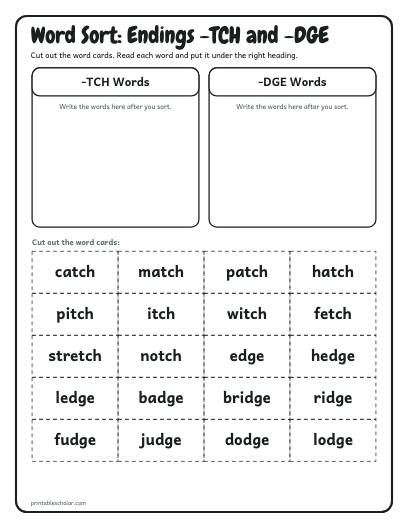 Endings -TCH and -DGE word sort printable preview