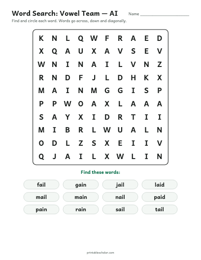 Vowel Team — AI word search printable preview